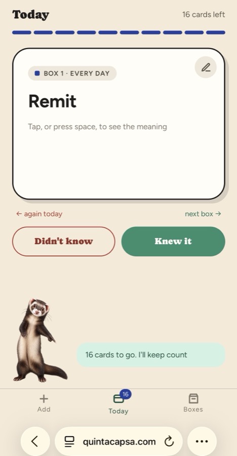 Reviewing a card in QuintaCapsa